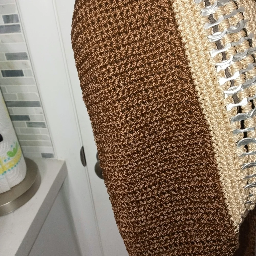 Handmade Crochet Hobo Bag made with Silver Flip top Soda can Tabs.Brown Beige